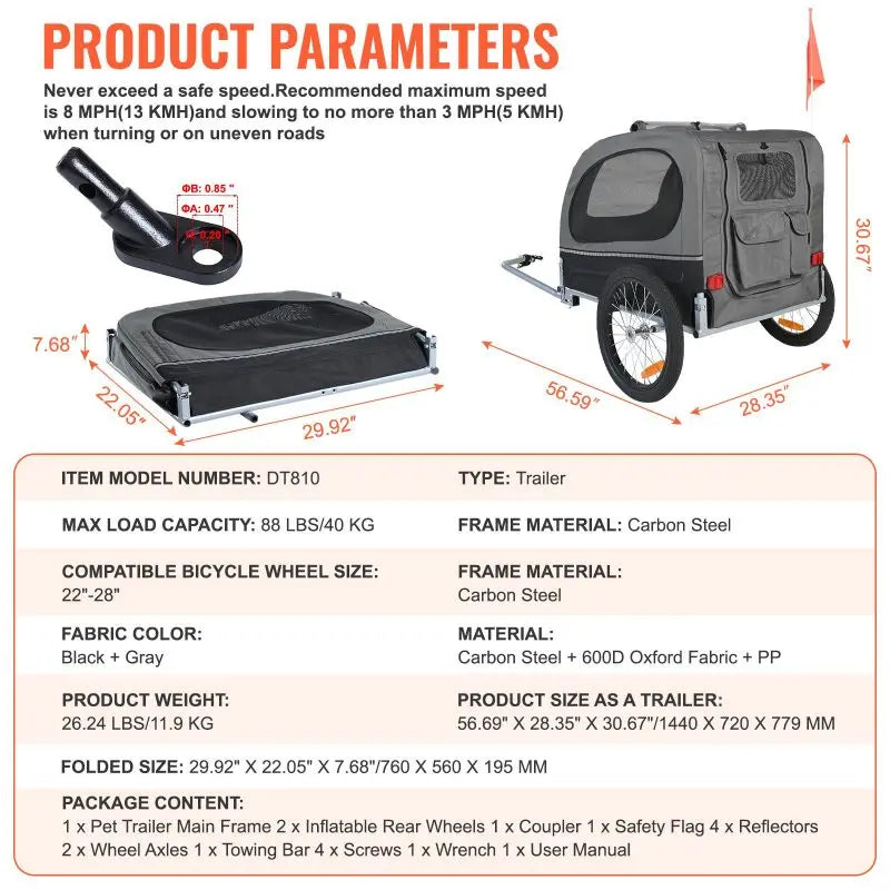 Dog Bike Trailer, Supports up to 88 Lbs, Pet Cart Easy Folding Frame with Quick Release Wheels, Universal Coupler, Reflectors, F