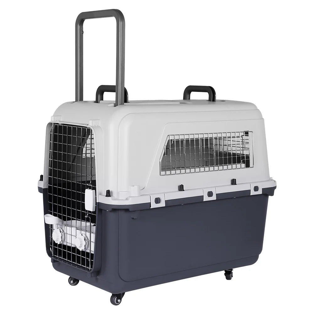 Large Dog Airline Carrier Crate | 33" Durable Plastic Travel Cage with Metal Door