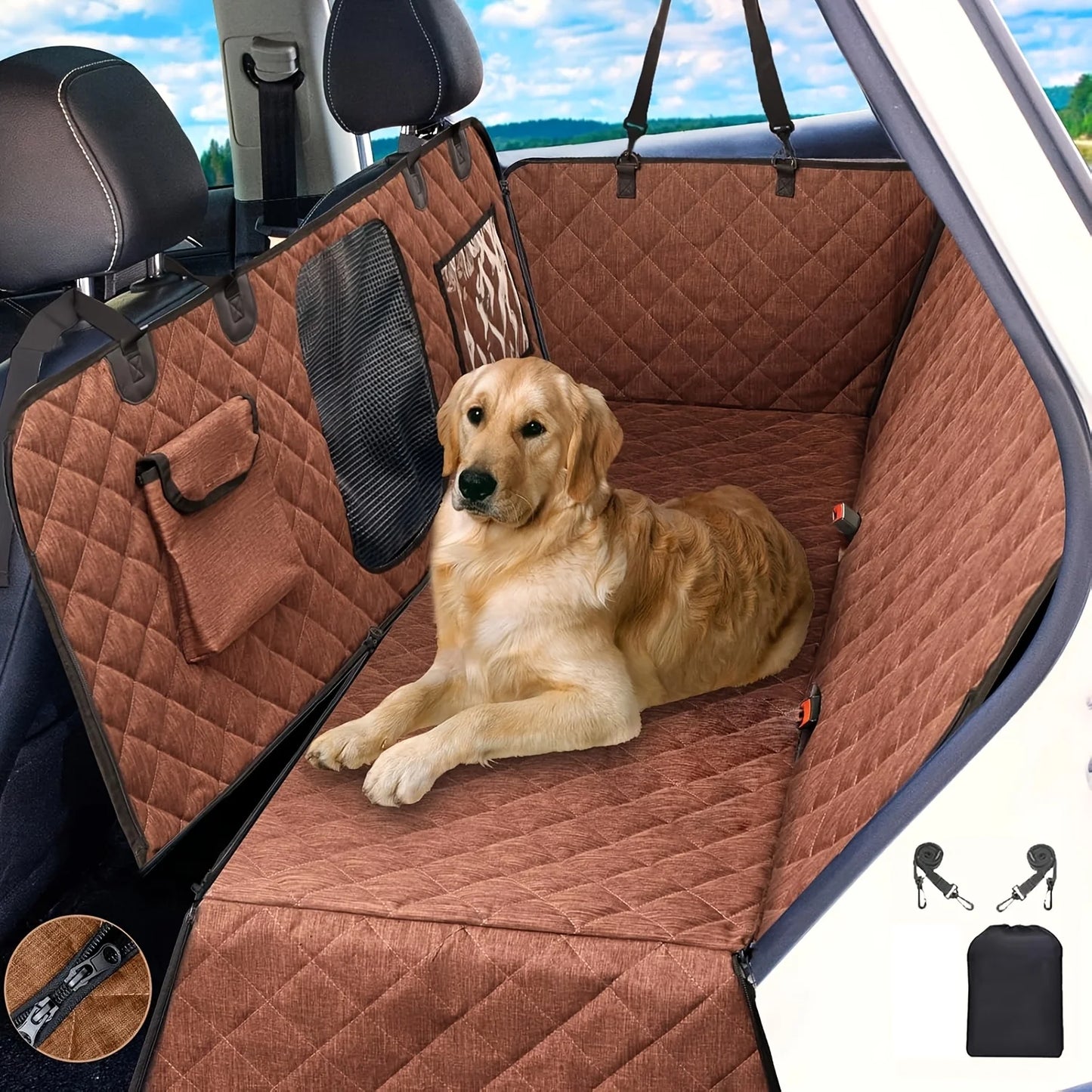 Car Dog Cover For Back Seat - Luxury Pet Hammock With Mesh Window & Big Pocket For Cars, SUVs, Trucks - Washable, Scratch & Slip