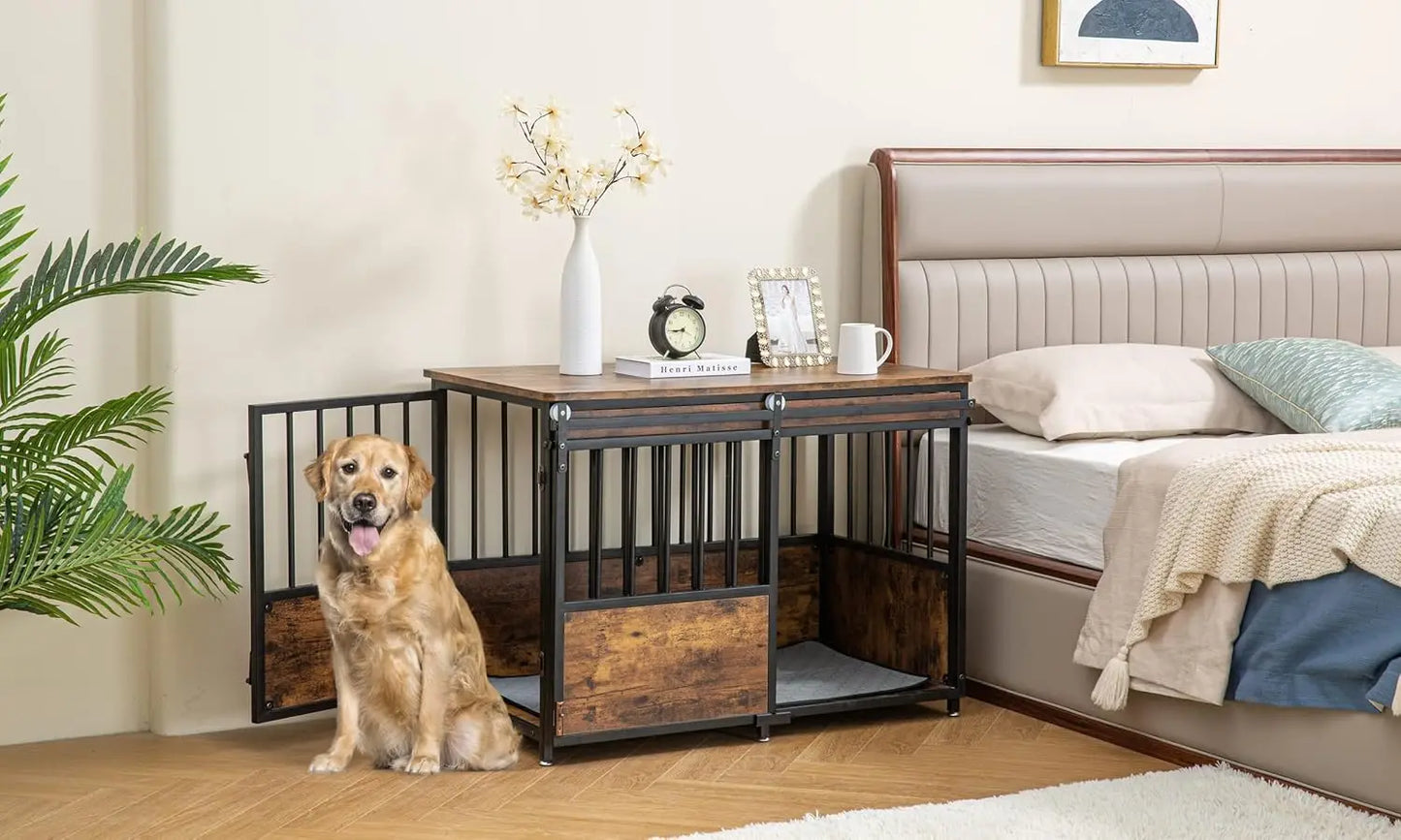 40" Wooden Dog Crate Furniture with Cushion — Heavy Duty Double Door Kennel