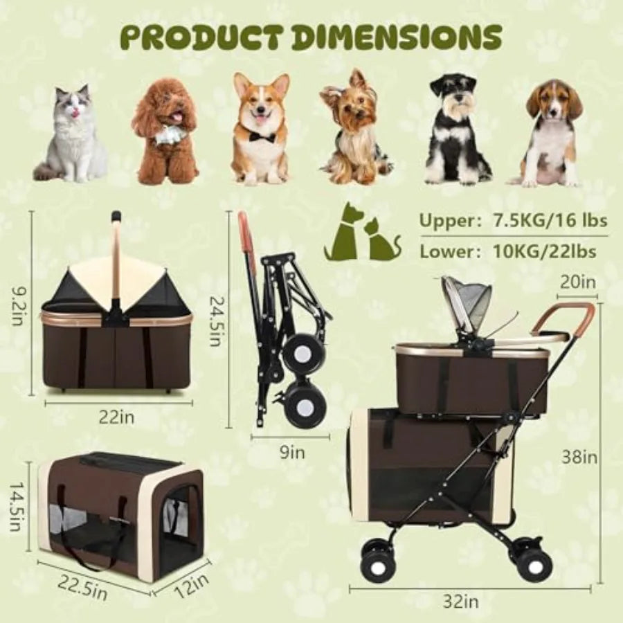 Double Dog Stroller | One-Step Fold | 2 Detachable Carriers | Small & Medium Dogs