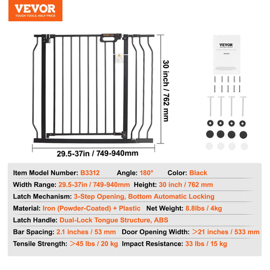 Dog Gate 30" High — Pressure Mount, Auto-Close, One-Hand Operation | Black | Walk-Thru