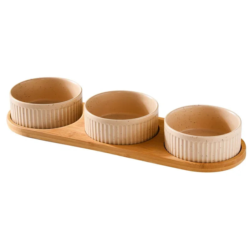 Nordic Ceramic Dog Bowl Set | Single, Double & Triple | Wooden Tray | 3 Colors | 400ml & 850ml