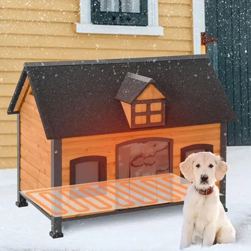 Heated Wooden Dog House | Insulated Shelter & Reinforced Metal Frame