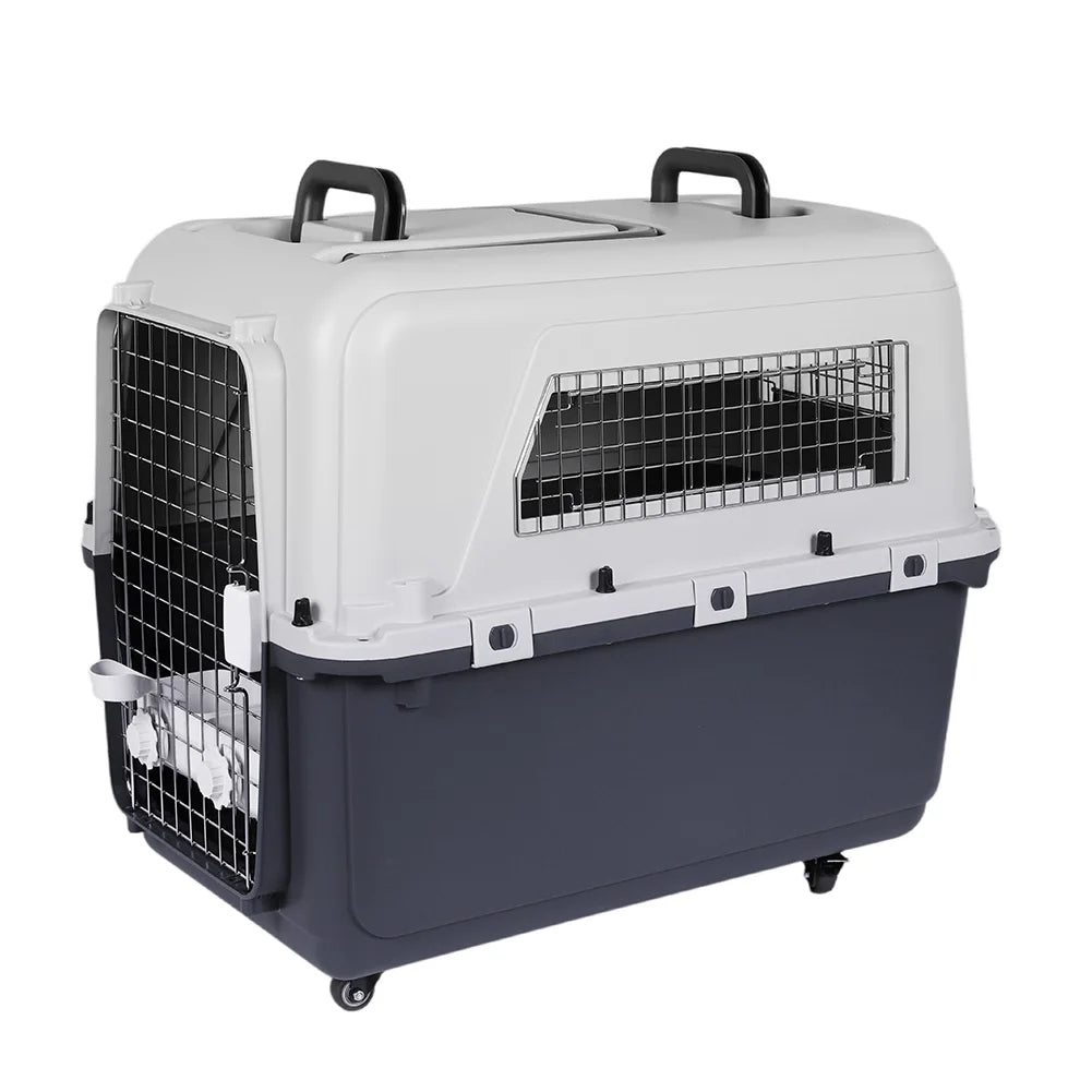 Large Dog Airline Carrier Crate | 33" Durable Plastic Travel Cage with Metal Door