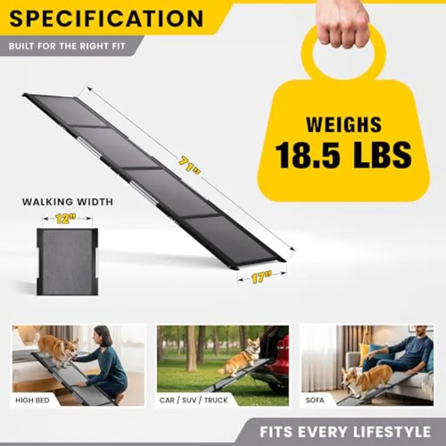 Foldable Dog Car Ramp | Anti-Slip Feet & Traction Carpet | Truck, SUV & High Bed | All Sizes