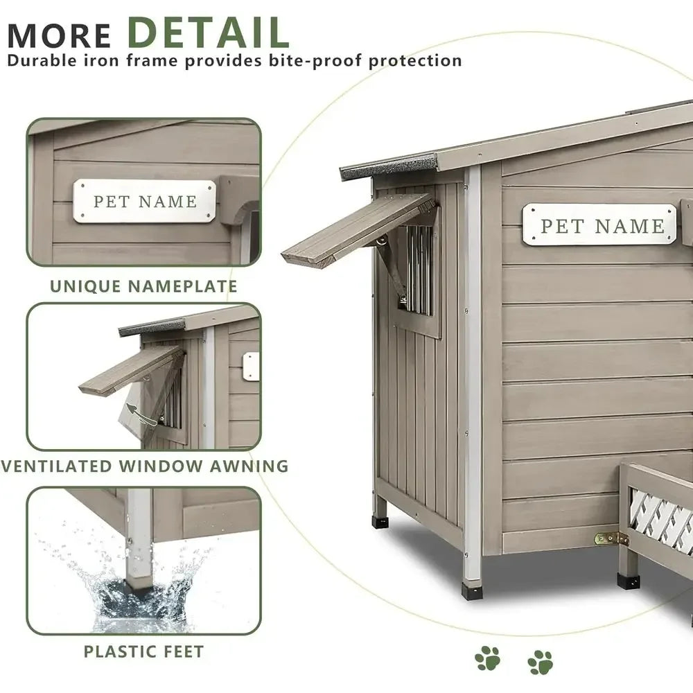 Outdoor Wooden Dog Kennel | Weatherproof Roof, Raised Floor & Ventilated Window | Gray
