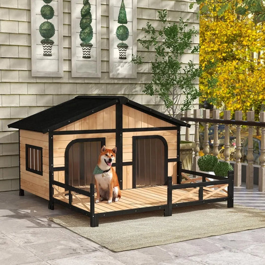 Outdoor Wooden Double Dog House with Porch & Elevated Floor | XL | Weatherproof