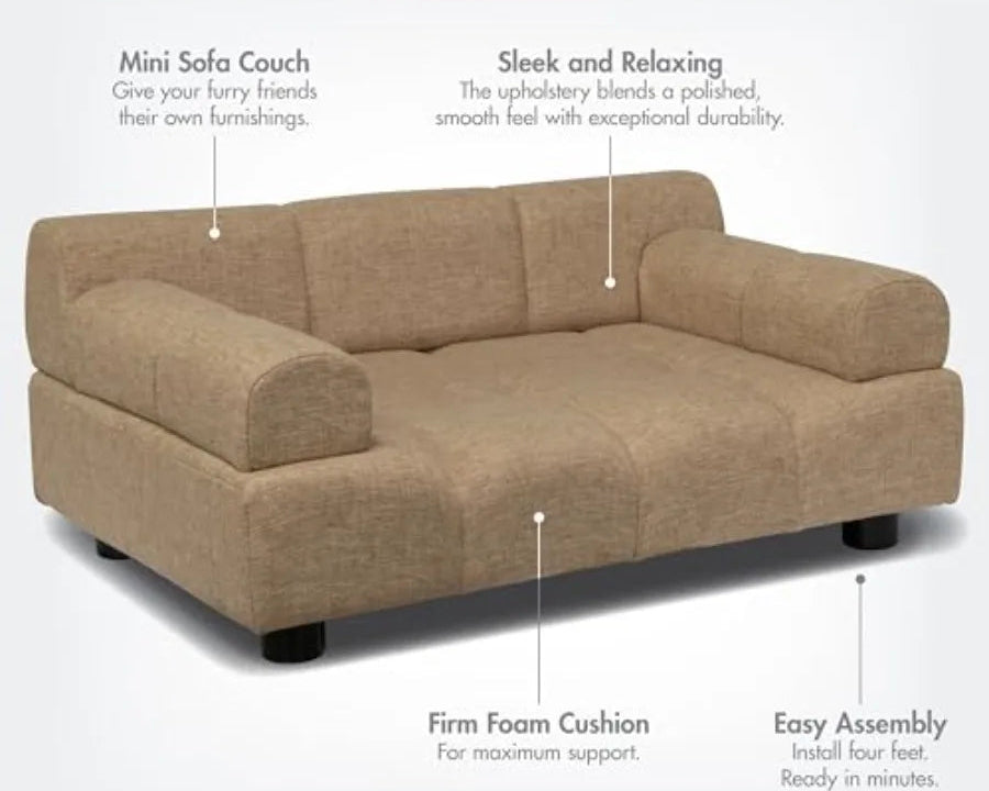 Puffer Pet Sofa Bed | Tufted Cushion & Armrest | Stylish Indoor Dog Furniture | Sand
