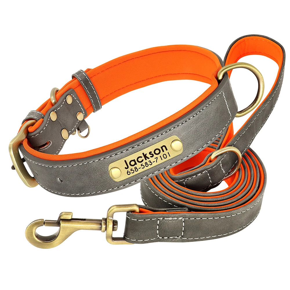 Personalized PU Leather Dog Collar & Leash Set — Soft Padded, Free Engraved Nameplate | XS–XL