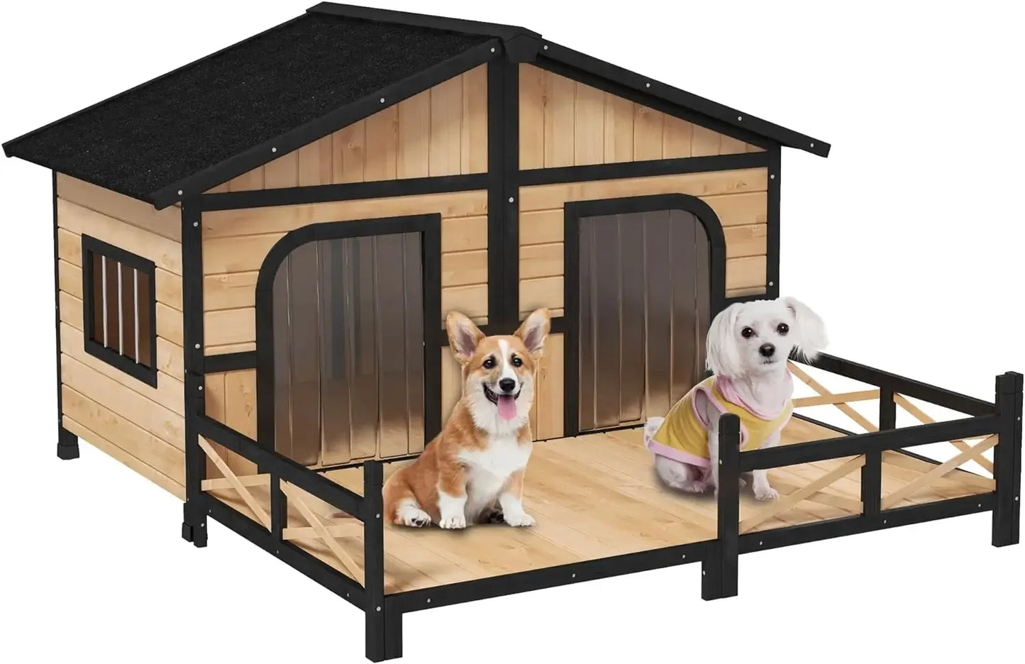 Outdoor Wooden Double Dog House with Porch & Elevated Floor | XL | Weatherproof