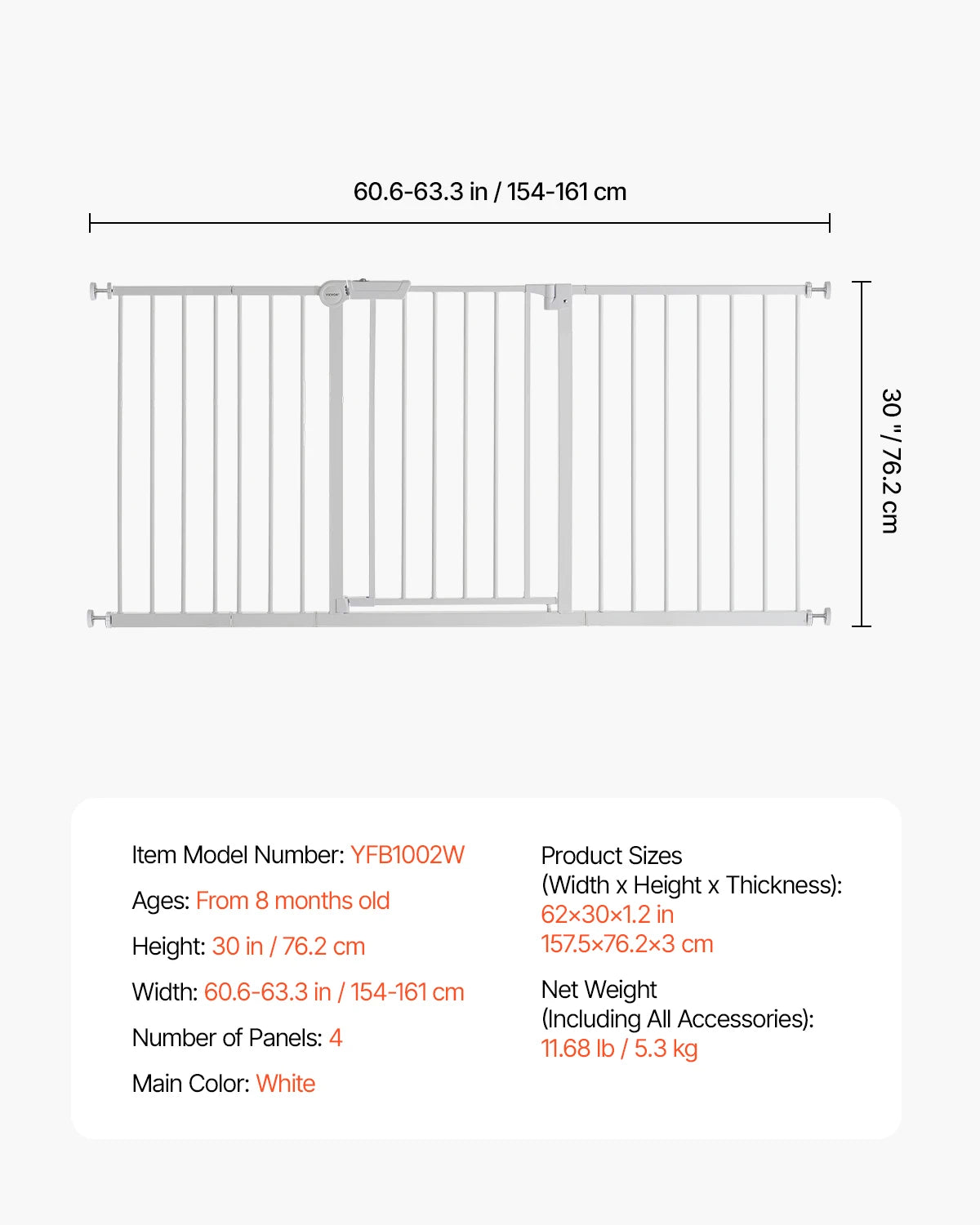 Dog Gate 30" High — Pressure Mount, Auto-Close, One-Hand Operation | White | Walk-Thru