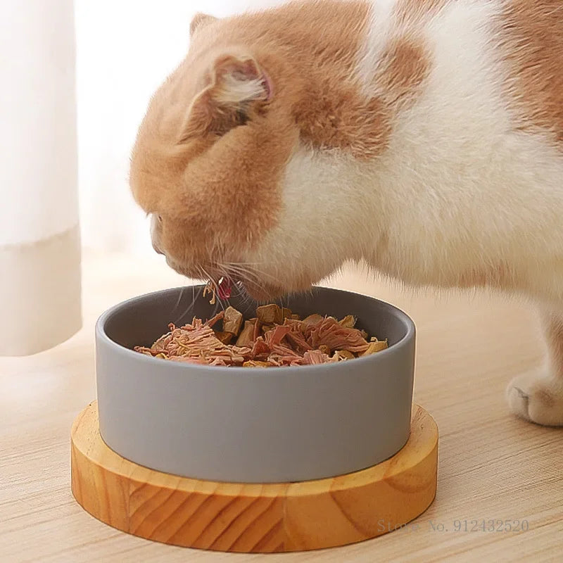 Ceramic Dog Bowl with Wooden Stand | Anti-Tip | Neck Protection | Stylish Pet Feeder