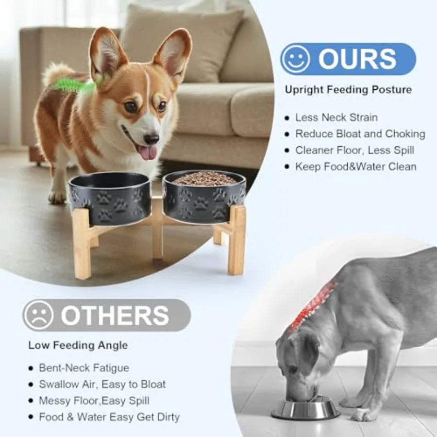 Elevated Ceramic Dog Bowl | Bamboo Stand | 6.1" Height | 3.6 Cup | 10 Designs