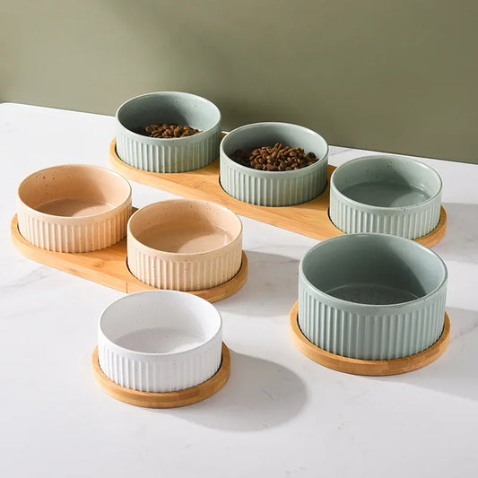 Nordic Ceramic Dog Bowl Set | Single, Double & Triple | Wooden Tray | 3 Colors | 400ml & 850ml