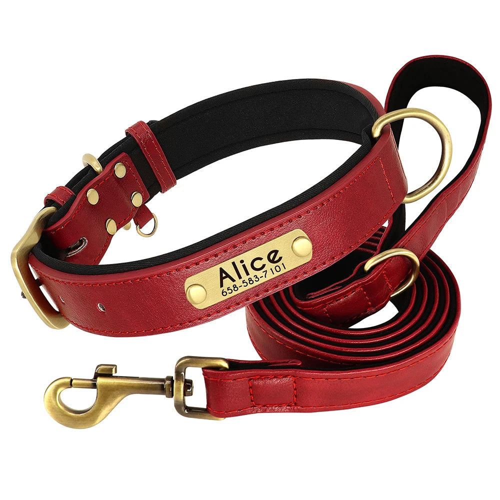 Personalized PU Leather Dog Collar & Leash Set — Soft Padded, Free Engraved Nameplate | XS–XL