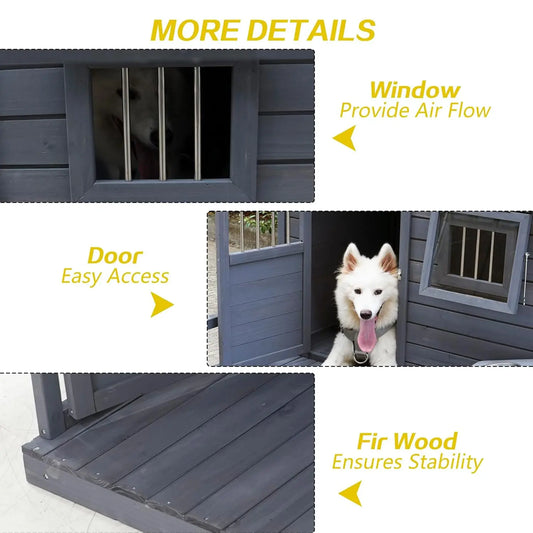 Large Outdoor Dog House with Covered Terrace — 44" Weatherproof Wood & Asphalt Roof