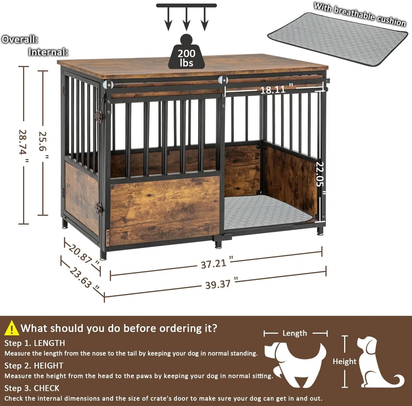 40" Wooden Dog Crate Furniture with Cushion — Heavy Duty Double Door Kennel
