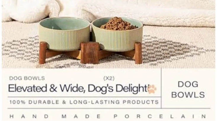 Ceramic Dog Bowl Set with Acacia Wood Stand | Set of 2 | Vintage Colors | Medium Dogs