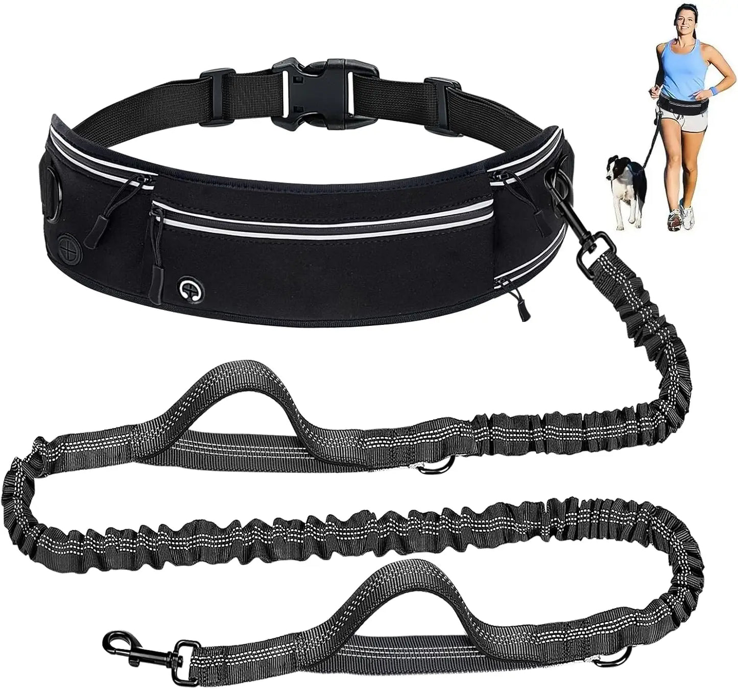 Hands-Free Waist Dog Leash | Running Leash with Zipper Pouch | Reflective | Dual Padded Handles