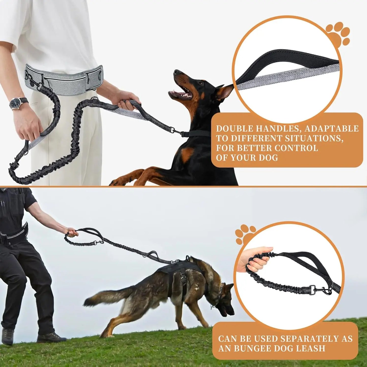 Hands-Free Waist Dog Leash | Running Leash with Zipper Pouch | Reflective | Dual Padded Handles
