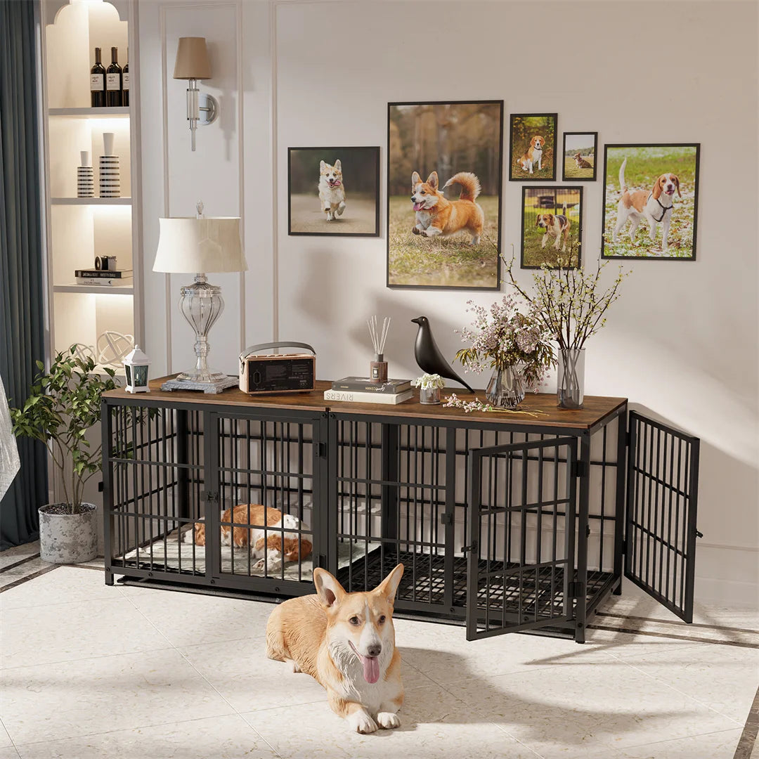 Furniture Style Dog Crate — End Table with 3 Doors & Removable Tray | Black or White