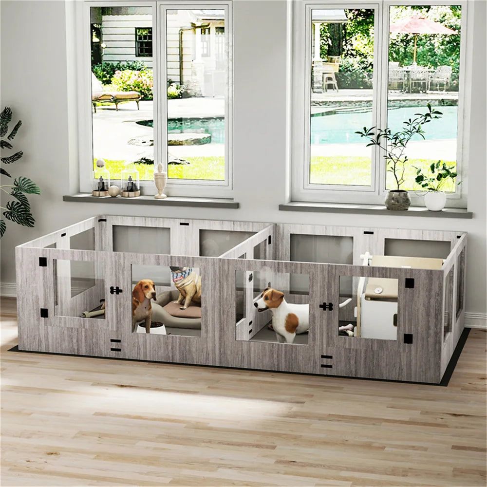 Large Dog Playpen Pet Whelping Box Tempered Glass Safe Pet Puppy Dog Playpen with Pig Rails and Waterproof Mat