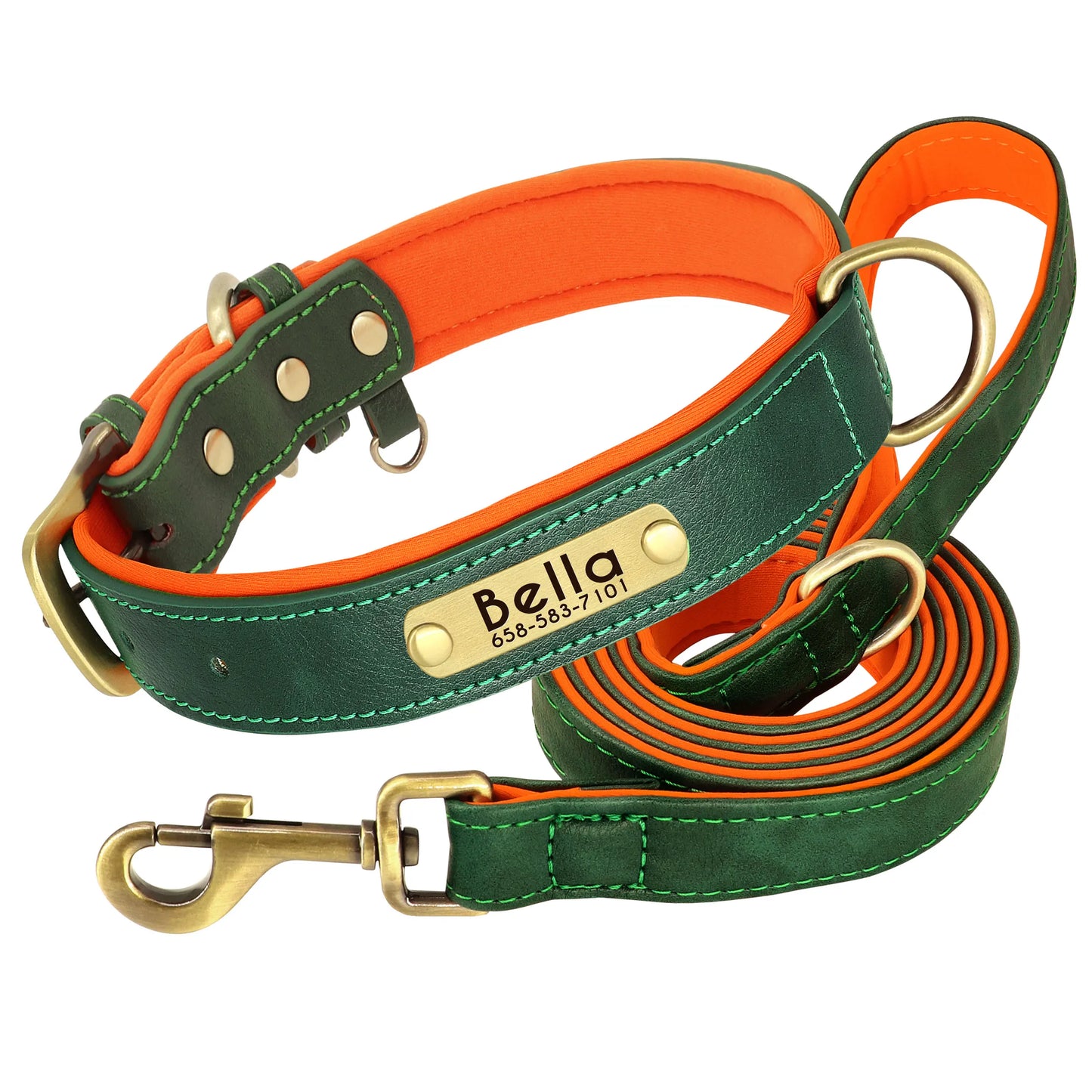 Personalized PU Leather Dog Collar & Leash Set — Soft Padded, Free Engraved Nameplate | XS–XL