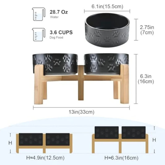 Elevated Ceramic Dog Bowl | Bamboo Stand | 6.1" Height | 3.6 Cup | 10 Designs