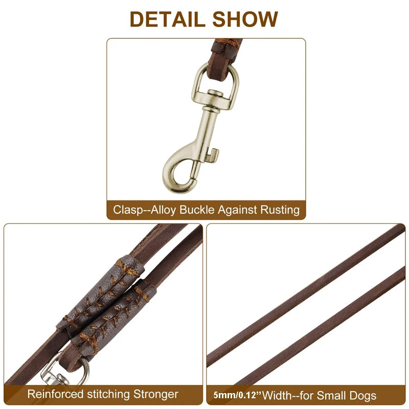 Lightweight Genuine Leather Dog Leash | Slim Soft Lead for Puppies & Small Dogs | Under 22lbs