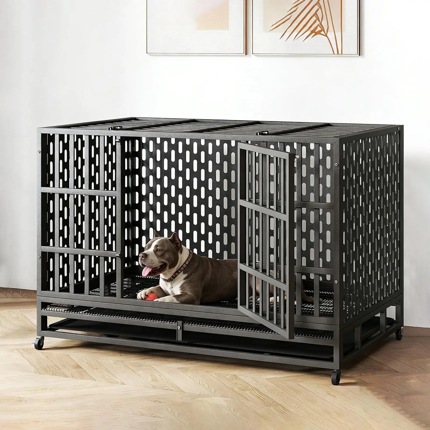 48 Inch Heavy Duty Indestructible Dog Crate Steel Escape Proof, Indoor Double Door High Cage, Kennel with Wheels,，Customized