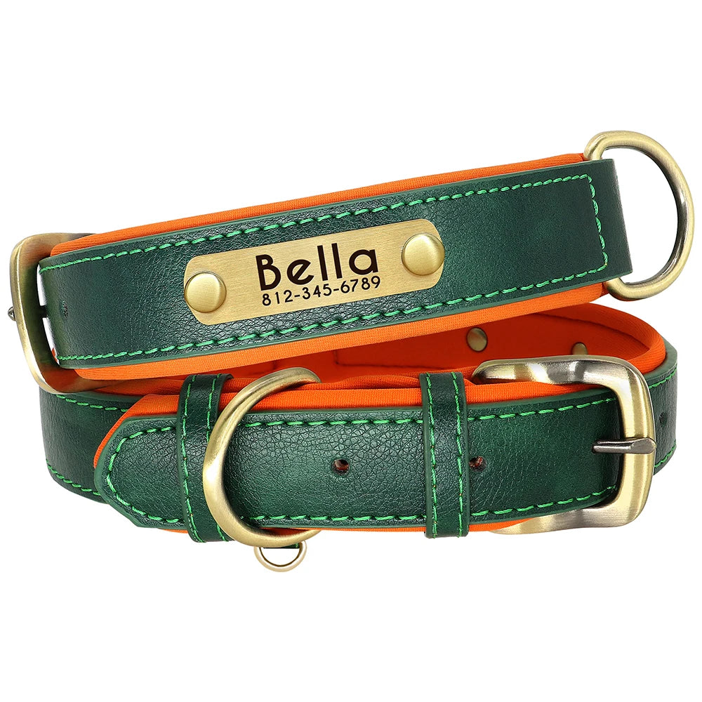 Personalized PU Leather Dog Collar & Leash Set — Soft Padded, Free Engraved Nameplate | XS–XL