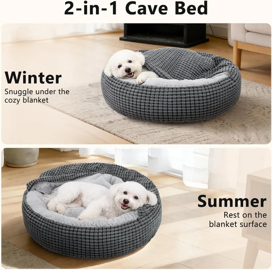 Hooded Donut Dog Bed with Attached Blanket | Plush Cuddler | Anti-Slip | 26" | Washable