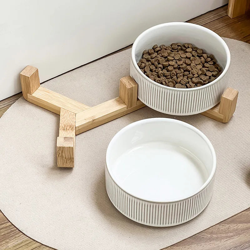 Nordic Ceramic Dog Bowl | Bamboo Stand | Short, High & Double Options | 400ml | Small Dogs