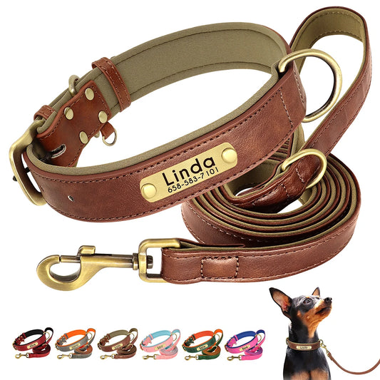 Personalized PU Leather Dog Collar & Leash Set — Soft Padded, Free Engraved Nameplate | XS–XL