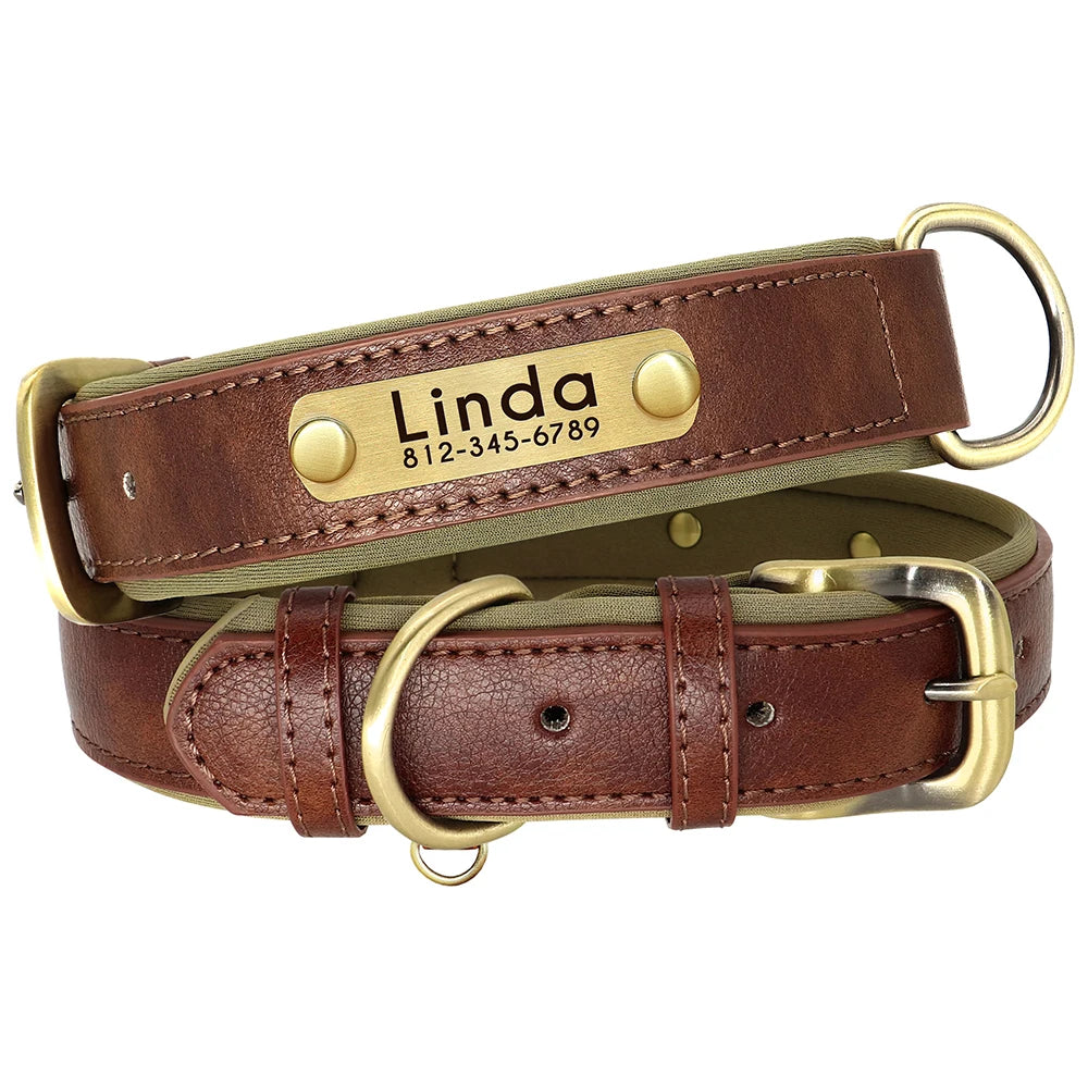 Personalized PU Leather Dog Collar & Leash Set — Soft Padded, Free Engraved Nameplate | XS–XL