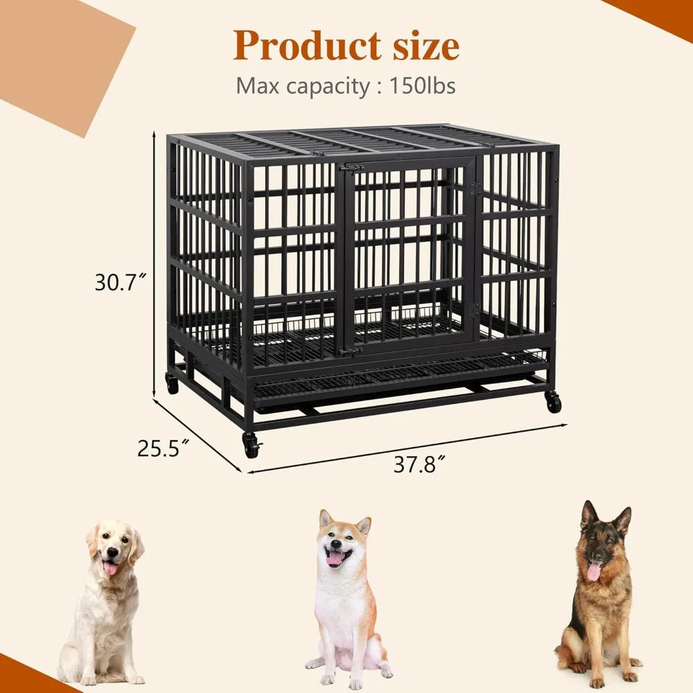 Heavy Duty Indestructible Dog Crate, Escape Proof Dog Cage Kennel with Lockable Wheels,High Anxiety Double Doo Dog，Customized