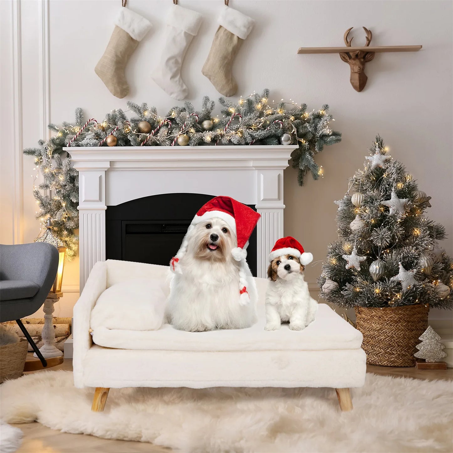 Nordic L-Shape Dog Sofa Bed | Rubber Wood Legs | Waterproof Cover | S & L | White