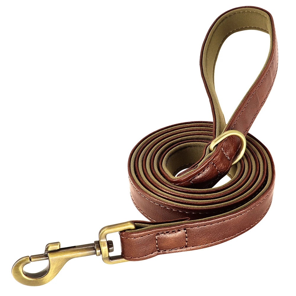 Personalized PU Leather Dog Collar & Leash Set — Soft Padded, Free Engraved Nameplate | XS–XL