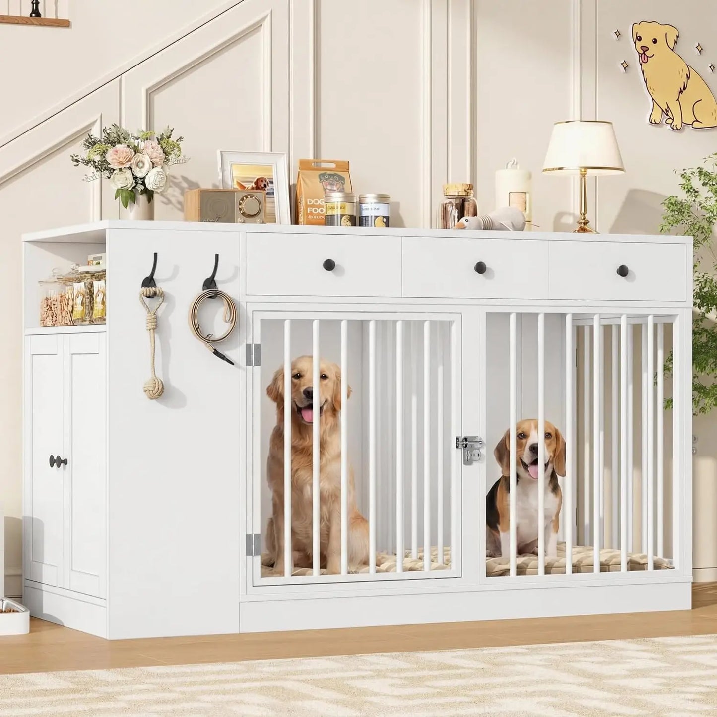 Dog Crate Furniture with Storage Drawers & Side Cabinet — Single/Double Indoor Kennel