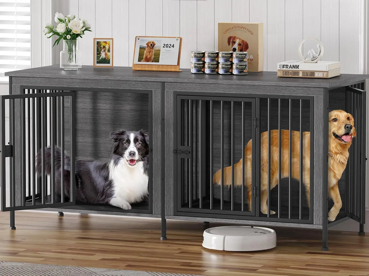 Heavy Duty Dog Crate Furniture — Double Kennel for Large Dogs, 78" Wide