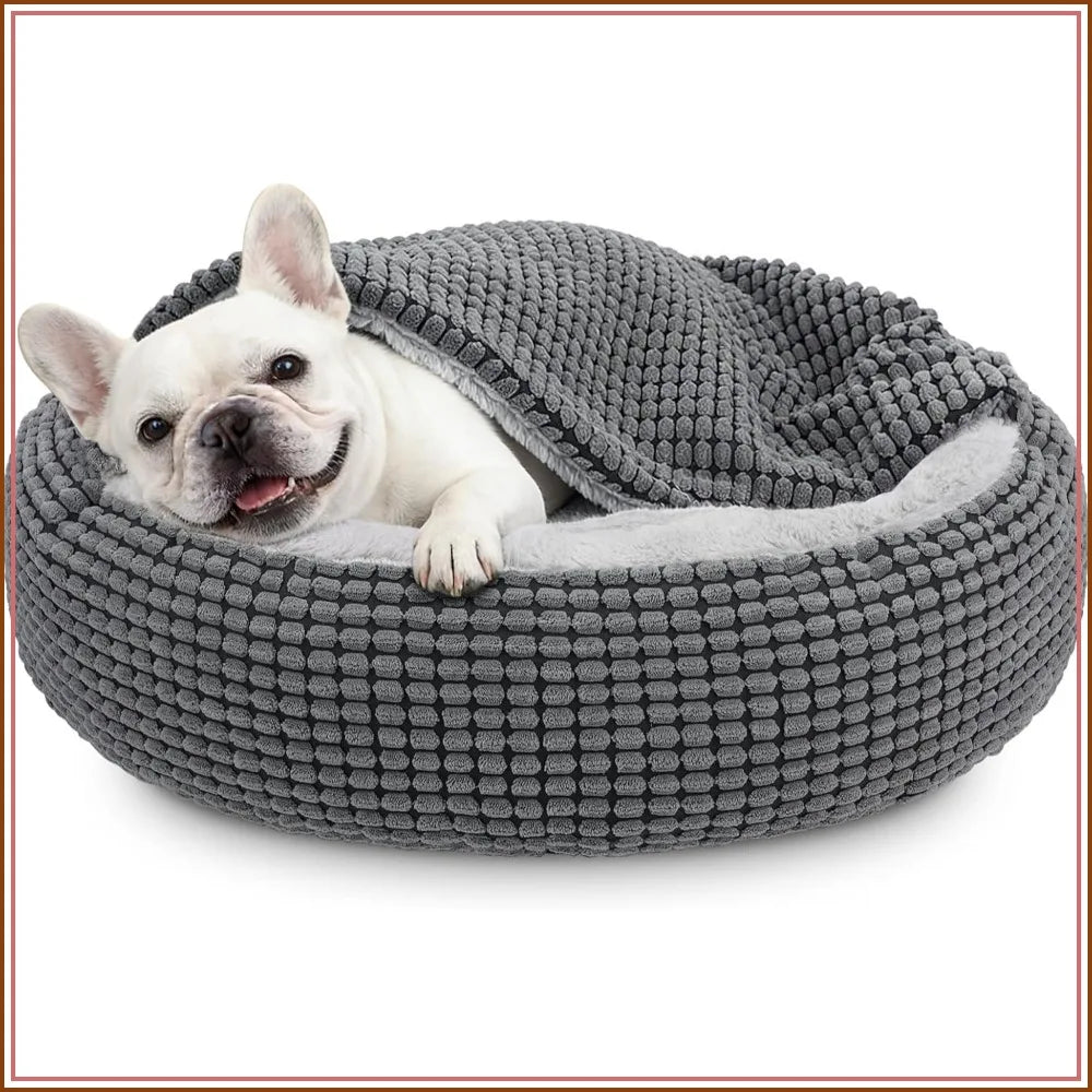 Hooded Donut Dog Bed with Attached Blanket | Plush Cuddler | Anti-Slip | 26" | Washable