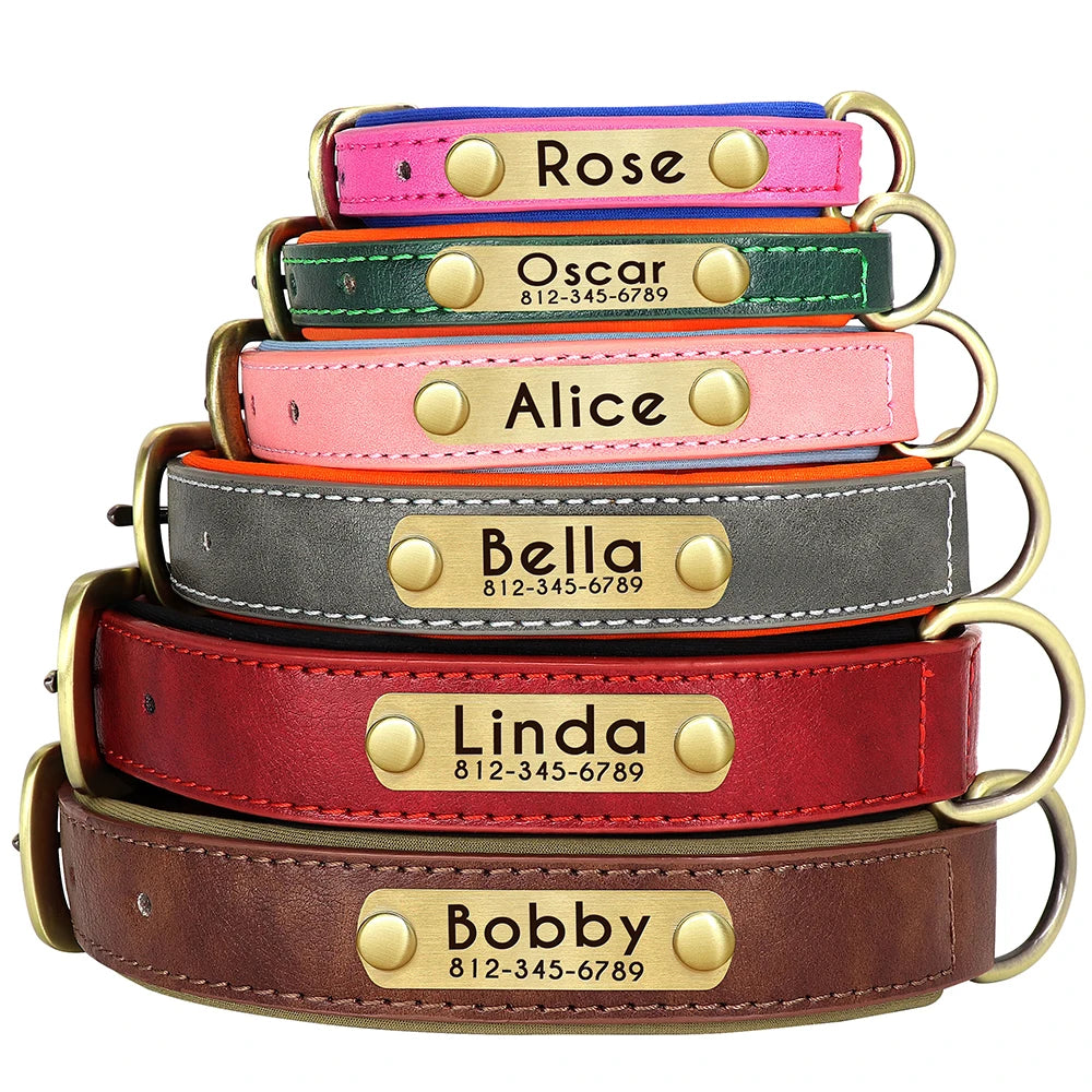 Personalized PU Leather Dog Collar & Leash Set — Soft Padded, Free Engraved Nameplate | XS–XL