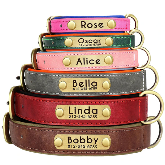 Personalized PU Leather Dog Collar & Leash Set — Soft Padded, Free Engraved Nameplate | XS–XL