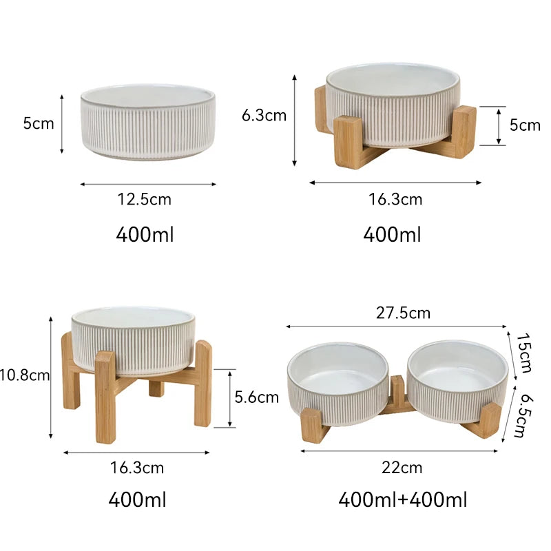 Nordic Ceramic Dog Bowl | Bamboo Stand | Short, High & Double Options | 400ml | Small Dogs