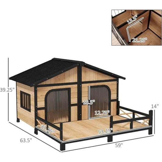 Outdoor Wooden Double Dog House with Porch & Elevated Floor | XL | Weatherproof