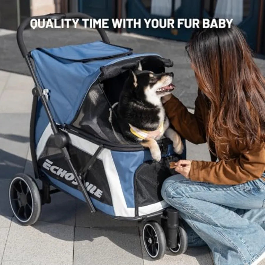 EchoSmile 3-Wheel Dog Stroller | Foldable, All-Terrain | Brakes | Small & Medium Dogs