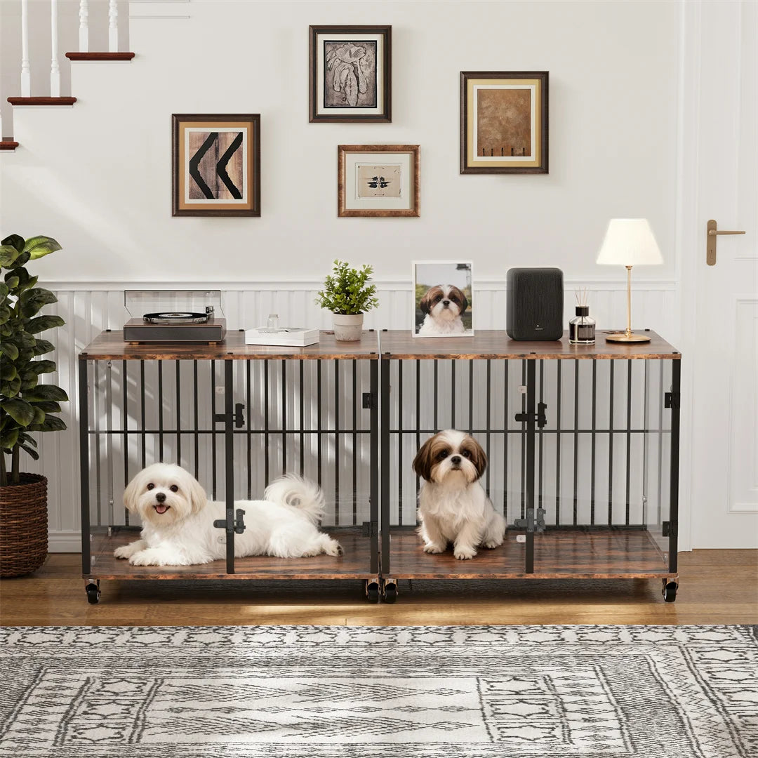 Anti-Bite Pet Kennel Furniture with Side Table,Tempered Glass Dog Cage Iron Pet Crate with Wheels for Indoor Use