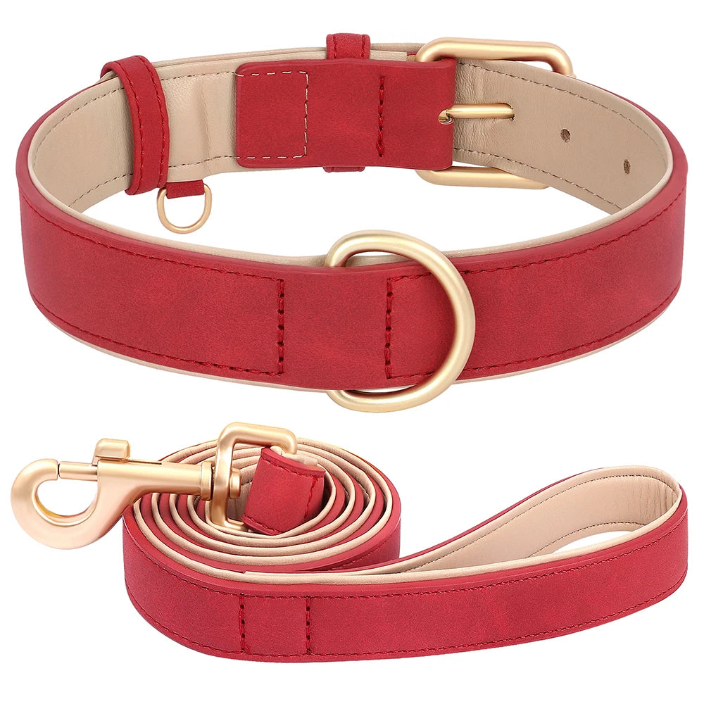 Soft Padded PU Leather Dog Collar & Leash Set — Adjustable, S/M/L/XL