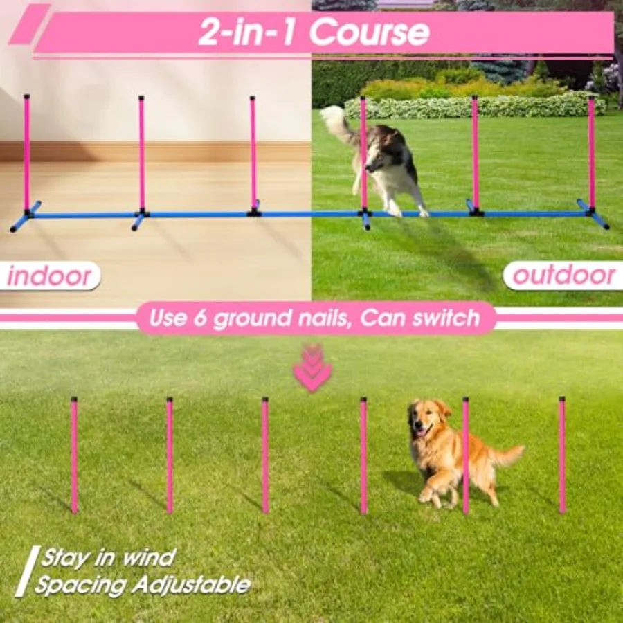 Dog Agility Backyard Set | 6 Dual-Mode Weave Poles & 2 Adjustable Hurdles | Outdoor Obstacle Course